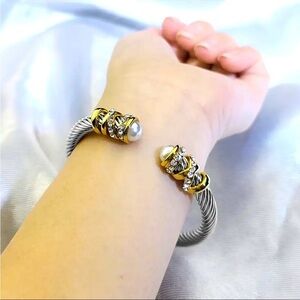 Two-Tone Cable Wire Cuff Bracelet Pearl & Crystal Accents NWT
